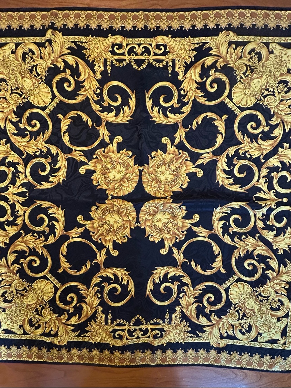 Vintage Italian Silk Scarf Black Gold Baroque Scroll Print Square 33x33 - Picture 9 of 9